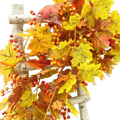 China Artificial Maple Leaf Wreath Autumn Leave Garland Fall Vine Thanksgiving Festival Decoration High Quality Artificial Leaf Berry for sale