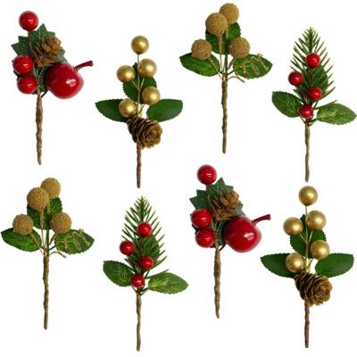 China Christmas Decoration 4 Pcs One Set Fruit Branch Needle Pine Flower Christmas Card Accessories Plastic Dry Handmade Box DIY Christmas Stem for sale