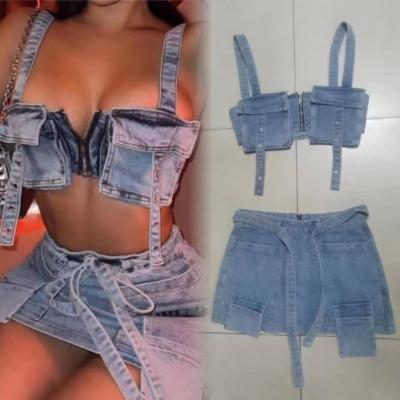 China Breathable Fashion sexy denim y2k clothing women chic jeans crop top and mini skirt 2 piece set ladies cargo skirt set night club wear for sale