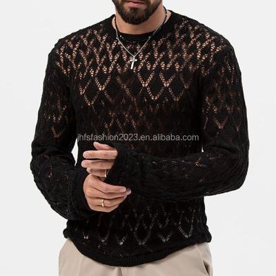 China Anti-pilling Chic hollow out knit sweatshirt jumpers for men fashion slim fit black sweaters crewneck top fall men clothes for sale