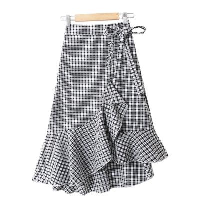 China Viable high-quality products, new summer Korean version belted plaid waist high thin ruffle long irregular skirt for sale