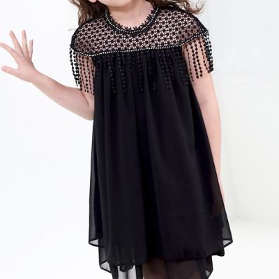 China New Girl's 120-165 Breathable Seersucker Cotton Short Sleeve Sweet Black Chiffon Crew Neck Tassel Knee-Length Dress for sale