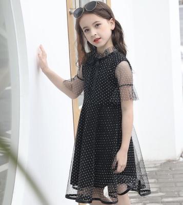 China Anti-wrinkle cotton seersucker tulle sleeve sribbon black dot lace up weet above knee half A line girls dress veil for sale