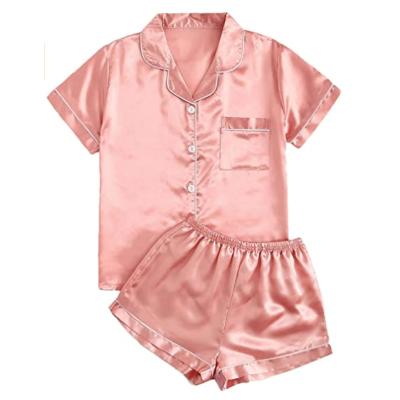 China Breathable Women's Short Sleeve Sleepwear Button Down Satin 2 Piece Pajamas Set Pajamas Satin Amazon Silk Fashion for sale