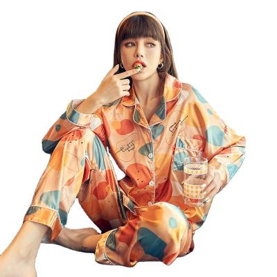 China Home Wear Breathable 2 Piece Ice Silk Satin Long Sleeve Pajamas Fashionable Floral Pattern Very Comfortable for sale