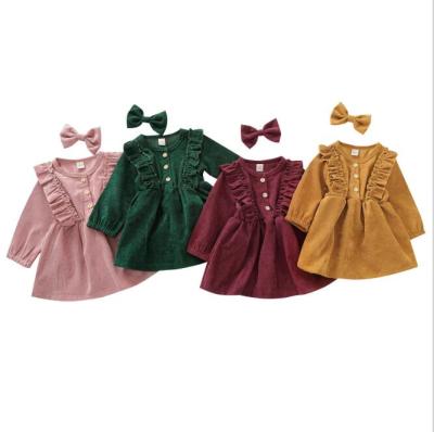 China Long Sleeve Infant Toddler Baby Washable Hairpin Princess Dresses Bowknot Lace Up Corduroy Girls Dresses for sale