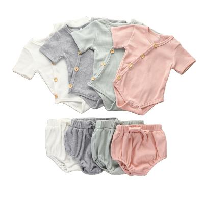 China Breathable Summer Pajamas Kids Suits Solid Stripe Pit Short Sleeve Sweatshirt + Cotton Triangle Pants Baby Clothes Set for sale