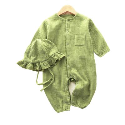 China Ribbed Baby Romper Baby Romper Cotton Seersucker Jumpsuit Newborn Organic Cotton Baby Romper with Sun Hood for sale