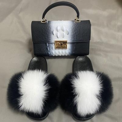 China Fashion Trend Factory Direct Wholesale Fur Matching Slippers Sets Fur Slides With Pures Set Kids Fur Slides Set for sale