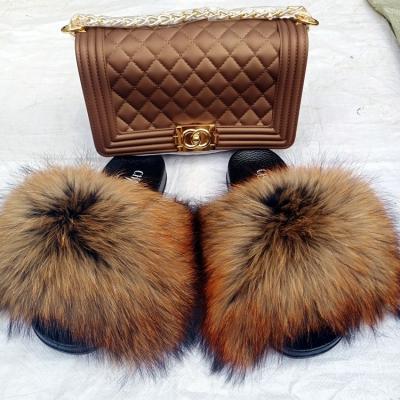 China Fashion Trend 2022 Spring Summer Fur Slides With Pures Set Fur Slipper With Purse Fur Slippers Matching Sets for sale