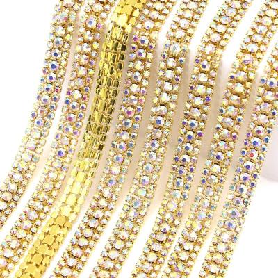 China Crystal Flatback AB Gold/Silver Bottom Rhinestone Cup Chain 3Rows Rhinestone Trim For Dress Clothes for sale