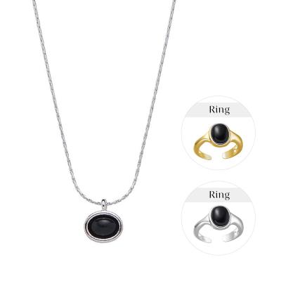 China Fashion Oval Pendant Necklace and Black Agate Ring Jewelry Sets 2023 925 Sterling Silver Trendy Black Onyx Jewelry Set for sale