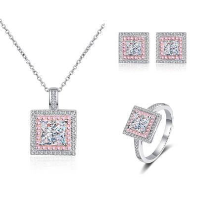 China Romantic Pink Princess Cut VVS Moissanite Necklace For Women Diamond Ring Jewelry 925 Silver Fashion Moissanite Jewelry Set Stud Earrings for sale