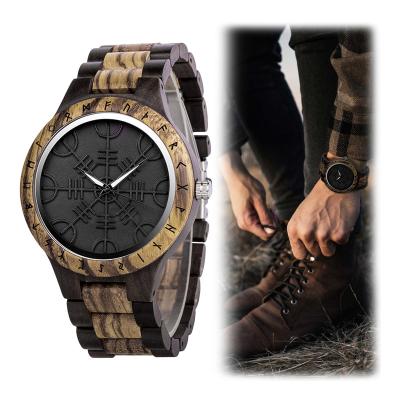 China Wood Vegvisir Viking Lightweight Quartz Unique Engraved Men's Handmade Wooden Watch for sale