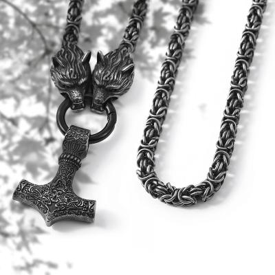 China VIKINGS New Style Vintage Black Byzantine King Chain Mjolnir Viking Wolf Head Thor Hammer Pendant Necklace for sale