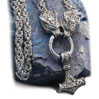 China VIKINGS New Style Celtic Wolf Head Stainless Steel Mjolnir Thor Hammer Pendant Byzantine King Chain Necklace for sale