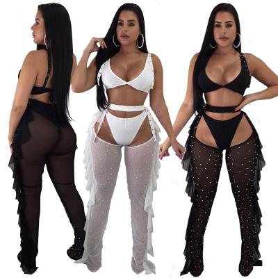 China Breathable Hot Sale Women Sexy Rivet Bra Tops And See Through Pants 3PC Sets Ladies Club Style Appearance Hot Underwear Set With Ruffle Panties for sale