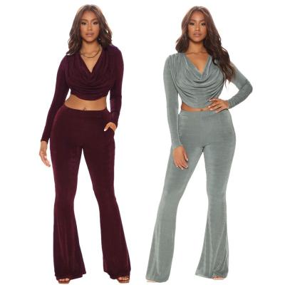 China Waterproof 2021 New Arrivals Women Long Sheath Elastic Skinny Crop Top Ladies Two Piece Leisure Korea Velvet Sets With Flare Panties 2 PC Set for sale