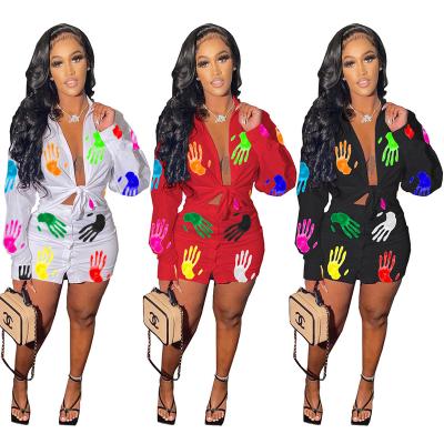 China 2021 New Arrivals Anti-Static Women Sleeve Long Printed Two Piece Blouse Skirt Sets Hot Sale Cardigan Blouse Shirt With Mini Button Skirt for sale