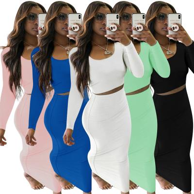 China New Arrivals Plus Size 2021 Maxi Standard Solid Color 2 Piece Skirt Set Women Hot Jumpsuit Summer Long Sleeve Crop Top With Skirt Set for sale