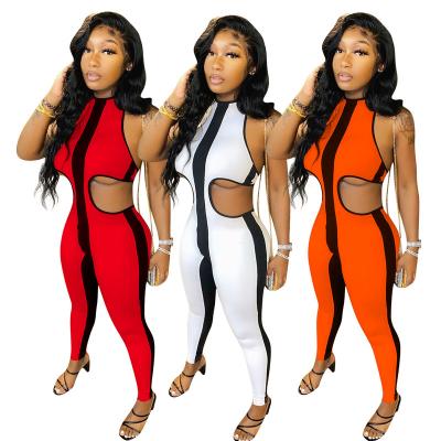 China 2021 Hot Sale New Arrival Fashion Breathable Women's Skinny Striped Print Backless Jumpsuit Sleeveless Bandage Overalls Jumpsuit for sale