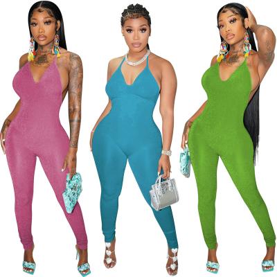 China 2022 new arrivals women's breathable gold silk jumpsuits solid color halter romper hot sale skinny pencil ladies sexy backless sleeveless for sale