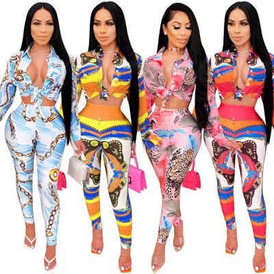 China Hot Selling Breathable Plus Size Women Printed Sexy Blouse And Pencil Pants Ladies Club Crop Top Long Sleeve Shirt With Skinny Panties 2PC Sets for sale