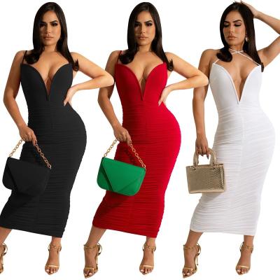 China 2022 New Arrivals Anti-Static Women Club Wear Sexy Halter Pleated Bottom Cut Out Cheap Price Ladies Deep V-Neck Split Skinny Solid Color Maxi Dress for sale