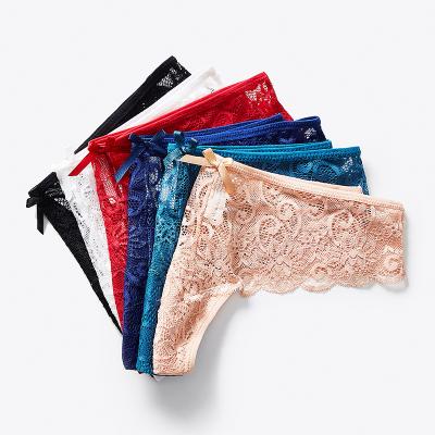 China Wholesale Antibacterial Women So Sexy See Through Hollow Out T-back Women Bow T-back Floral Girls Crochet Lace Hot 100% Cotton Crotch Briefs for sale