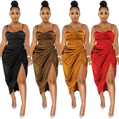 China 2022 New Arrivals Women's Anti-Static Sexy Low Cut High Split Pleated Bud Halter Club Style Satin Solid Color Night Dress Ladies Long Dress for sale