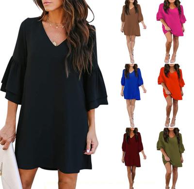 China Anti-wrinkle Women's Dress Sweet & Cute V-Neck Bell Sleeve Shift Dress Mini Casual Dress for sale