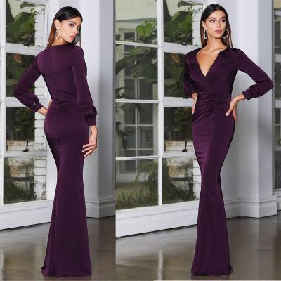 China Women's Sexy Waist Cinch Dress Anti-static Closure Deep V-Neck Ceremony Evening Dinner Dress for sale