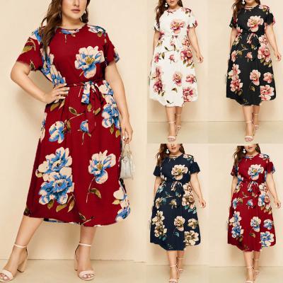 China Viable Round Neck Amazon Printed Plus Size Tight Skirt Plus Size Women's Dresses Jump Style Knee Length Chiffon Casual Dresses for sale