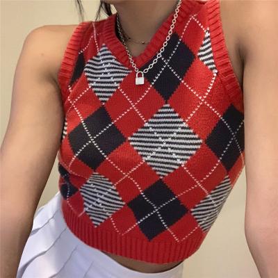 China Anti-wrinkle Women Tops Solid Plaid Overlay Sweater Sleeveless V-Neck Cardigan Knit Vest Women's Sweaters for sale