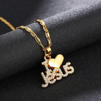 China Full Diamond Necklace Icon Women Pendant Necklace Jewelry Heart Shaped Letter Christian Religious Rhinestone for sale