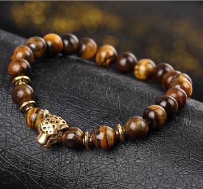 China Trendy Leopard Natural Stone Handmade Head Bead Jewelry Tiger Eye Bead Tiger Eye Bangle Men Elastic Charm Bracelet for sale