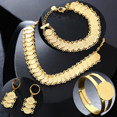 China Vintage Gold Jewelry Sets Ring Plated Gold Fashion RetroArabian Long Luxurious Coin Necklace Earrings Bracelet Adjustable Jewelry for sale