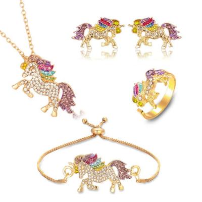 China TRENDDY Fashion Kids Jewelry Color Luxury Creative Rhinestone Unicorn Necklace Bracelet Ring Earrings Kids Jewelry Set For Gift for sale