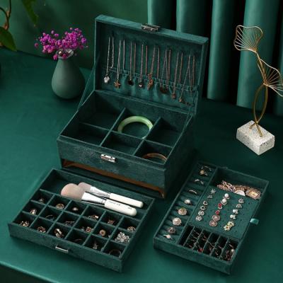 China Morden Three-layer dark green retro flannel large jewelry box earrings earrings ring necklace storage jewelry box withkey lock for sale