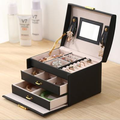 China Morden Three-Layer PU Leather With Mirror Jewelry Box With Princess Jewelry Box Lock Double Drawer Wholesale Gifts Jewelry Storage Box for sale