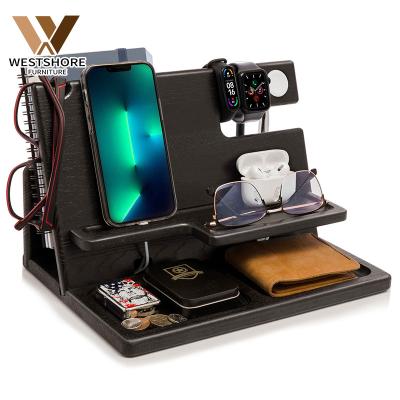 China Adjustable Wooden Organizer Stand Desk Phone Cell Phone Docking Bracket Key Holder Wallet Watch Stand Smart 3 in 1 Charging Holder for sale