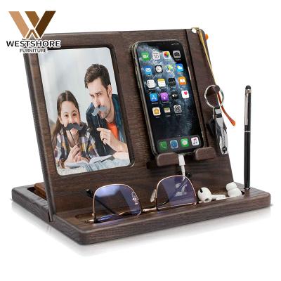 China Adjustable Multifunctional Wooden Bamboo Docking Station Pen Keychain Gift Picture Frame Desktop Dock Station Smart Mobile Phone Stand Holder for sale