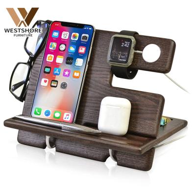 China Best 3-in-1 Adjustable Wooden Phone Docking Station Gift Key Holder Wallet Station for Apple iWatch and Airpods Dark Ash for sale