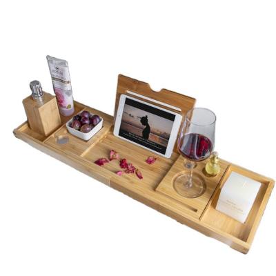 China Sustainable Multifunctional Bamboo Wooden Trolley Tray With Extending Sides Bathtub Tub for sale