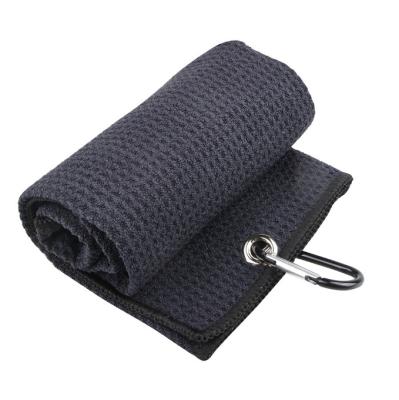 China Carabiner Microfiber Staple Cloth Waffle Pattern Golf Towel Premium Triple Compressed Towel Heavy Duty Golf Towel for sale