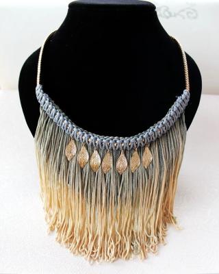 China Handcrafted ALLOY fashion crochet necklace, link dye tassel necklace, nylon tassel necklace with gold leaf for sale