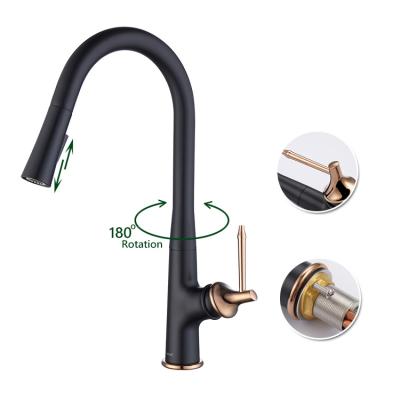 China 2021 Contemporary Brass Gold and Black Pull Out Kitchen Faucet Mixer With European Pull Down Sprayer Sink Faucet for sale