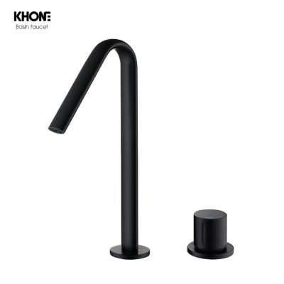 China Contemporary Wholesale Hotel Tall Black Brass Deck Mounted Hot Cold Water Faucets Bathroom Sink for sale