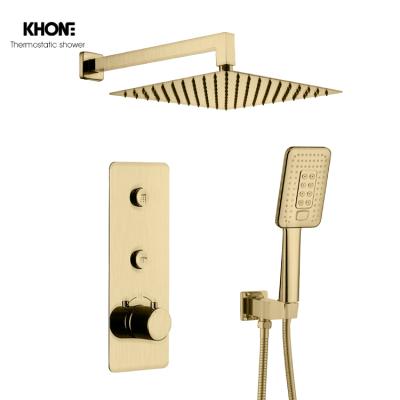 China Wholesale Luxury Gold Sliding Bar Square Brass Bathroom Concealed Thermostatic Shower Mixers Set for sale