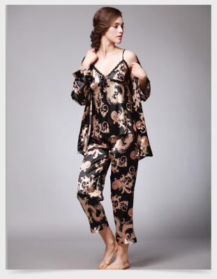 China Hot Selling Unique Design Breathable 3 Piece Patterns Silk Pajamas For Ladies for sale